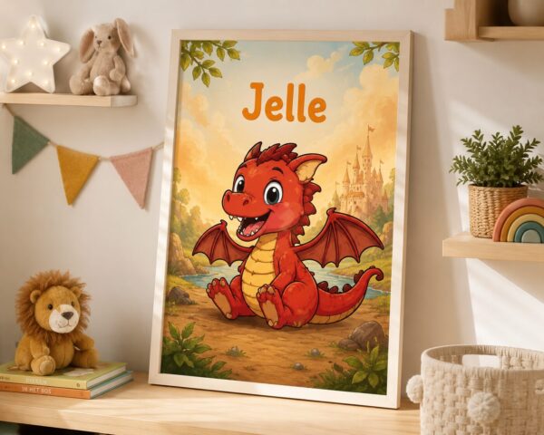 Gepersonaliseerde sprookjesposter met draakje en naam