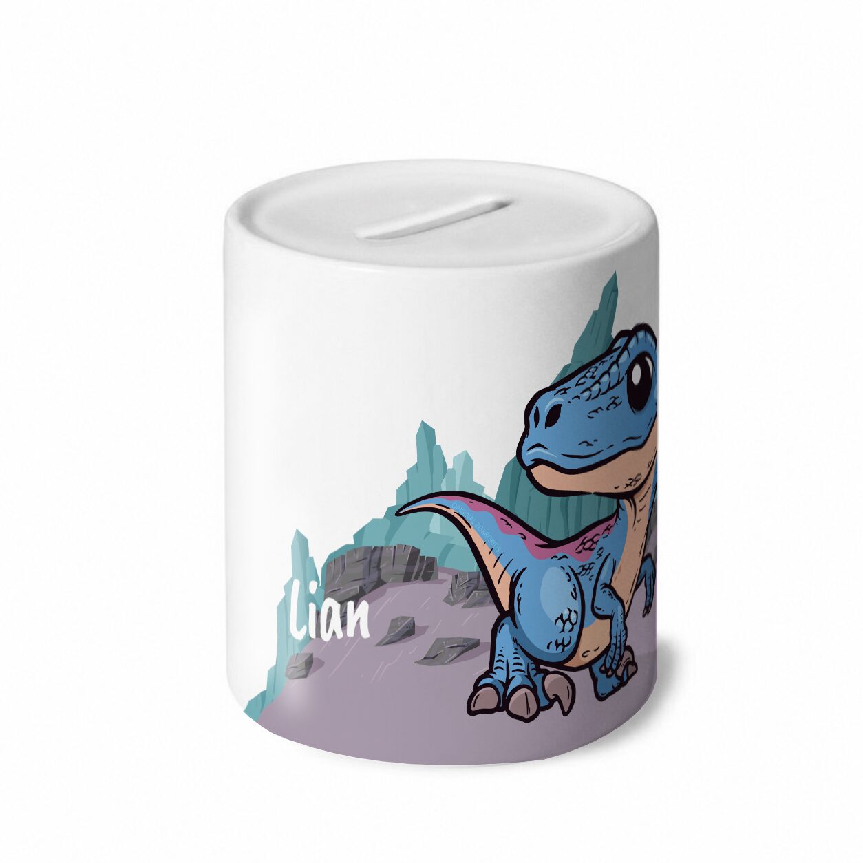 Spaarpot Zino de Dino met naam linkerkant